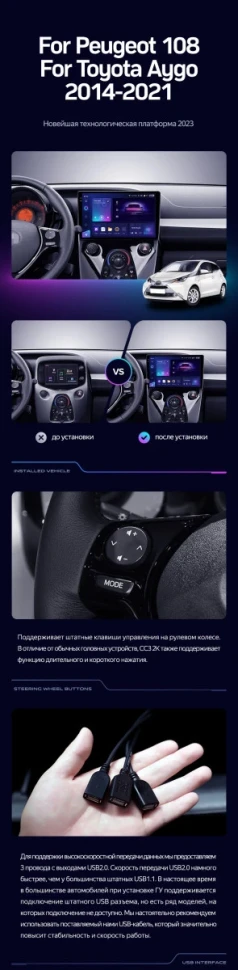 Штатная магнитола Teyes CC3 2K 360 6/128 Peugeot 108 (2014-2021) F1