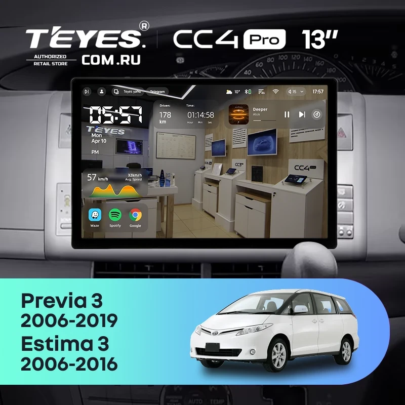 Штатная магнитола Teyes CC4 Pro 8/128 Toyota Previa XR50 3 (2006-2019) Правый руль (13")